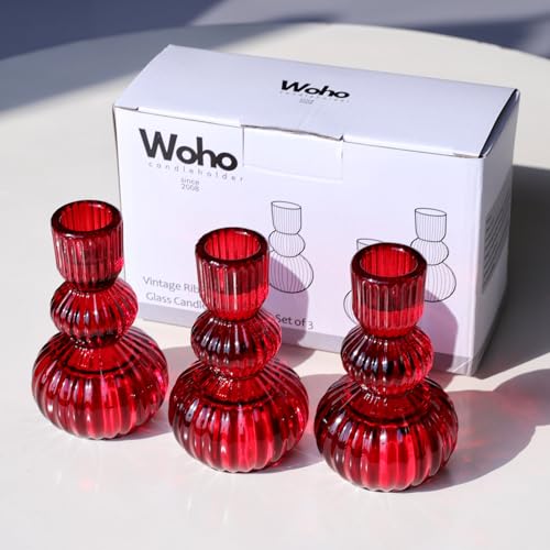 Woho Red Candlestick Holders Set of 3 for Christmas Decorations, 4.3" H Vintage Ribbed Taper Candle Holders for Dining Table, Glass Candle Sticks Holder Decor for Valentines Day/Patriotic Holidays - color: Red