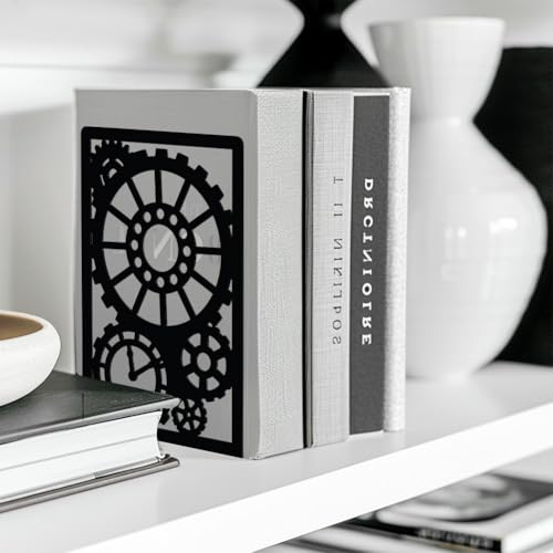 Peacoblue Metal Bookends for Shelves, Modern Decorative Heavy Duty Study Book Support Stoppers for Office, Desk, Shelf, Room 5.3"x4.3"x7.9" Cast Iron Simple Tall Bookends, 1 Pair (Steampunk Gear) - style: Steampunk Gear