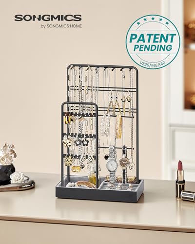 SONGMICS Jewelry Holder, Jewelry Organizer, Jewelry Display Stand with Metal Frame, Velvet Tray, Necklace Earring Bracelet Holder, for Studs, Rings, Gift Idea, Ink Black UJJS021B01