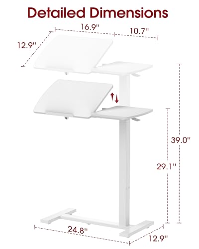 Sakugi Overbed Bedside Table with Wheels, Height Adjustable Laptop Desk, Hospital Bed Table with Tilt Top, Rolling Bed Tray for Home & Office,27.6" L x 12.9" W x 29.1"–39" H, White - color: White