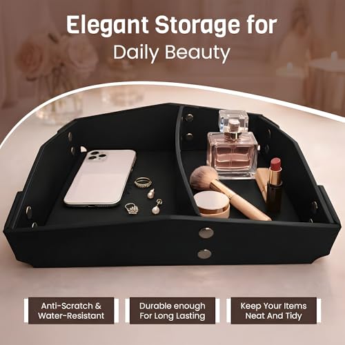 Valet Tray Organizer for Men & Women - PU Leather Catch All Tray with Removable Divider - EDC Storage for Keys, Watch, Phone - Nightstand, Dresser & Desk Organizer - Obsidian Black - color: Obsidian Black