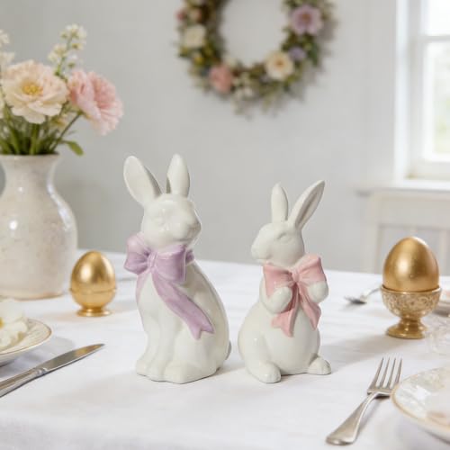 WDS WONDROUS 2PCS Easter Decoration Bunny Decor - Spring Easter White Rabbit Sculpture, Ceramic Statues with Bow for Farmhouse Home Decor Tabletop Shelf Mantel Dining Table Centerpiece