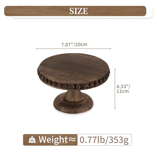 Hanobe Small Wood Cake Stand: Cupcake Pedestal Stand 8 inch Dessert Display Riser Distressed Rustic Round Cakes Holder Tray Vintage Beads Wooden Plate for Wedding Birthday Decor