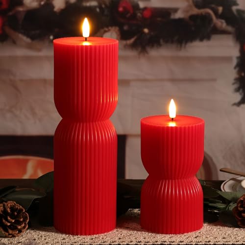 Red Ribbed Flameless Pillar Candles with Remote, Battery LED Wax Candles Flickering Valentines Day Decor Gift Set of 2 - color: Red
