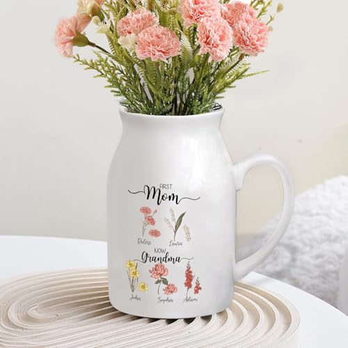 Personalized Flower Vase Small Ceramic Vase with Birth Month Flower Decorative Vases for Flowers Home Decor Mother's Day Birthday Gift for Mom, Wife, Grandma, Mama, Nana - color: Style 02