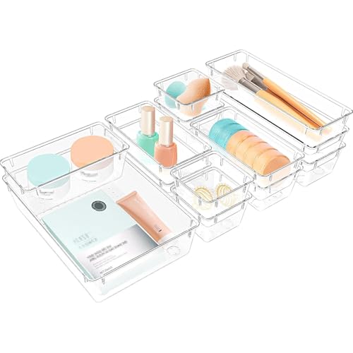StorMiracle 13 PCS Clear Plastic Drawer Organizers Set, 4 Size Desk Drawer Organizer Trays for Makeup, Jewelry, Kitchen Utensils, Gadgets and Office Accessories - color: Clear, size: 13 PCS