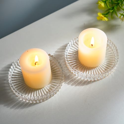 kanpura 3.5 Inch Glass Pillar Candle Holder Set Set of 2 Gear Round Candle Plate Flat Candle Stand for Table Centerpieces,Party, Wedding Home Decor - color: Clear