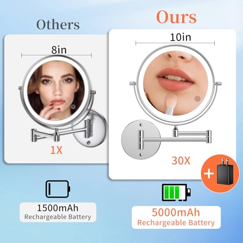FUNTOUCH 5000mAh Rechargeable Wall Mounted Makeup Mirror with Lights, 9" Double Sided 1X/30X Magnifying Mirror with Dimmable 3 Color Light, Extended Swing Arm 360° Wall Mount Bathroom Mirror,Chrome - color: Chrome-30x