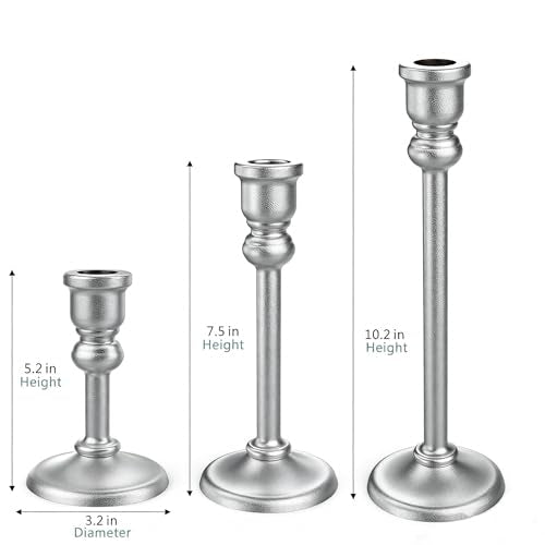 3-Piece Metal Candle Holders Set - Heavy Duty Alloy Taper Candlesticks for Table Centerpiece, Christmas, Dinner Party, Vintage Home Decor - 5-7.5 -10.3Inch Tall, Antique Gold Finish (Silver) - color: Silver