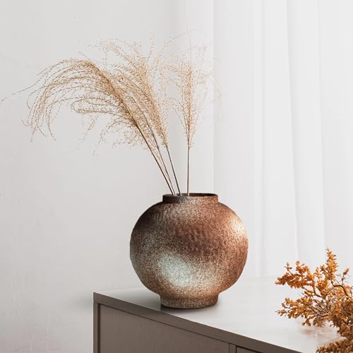 GeLive Round Hammered Finish‌ Rustic Pottery Vase, Handmade Ceramic Flower Vase for Home Decor, Farmhouse Centerpiece Moon Jar Vase (Brown, 7inch)‌
