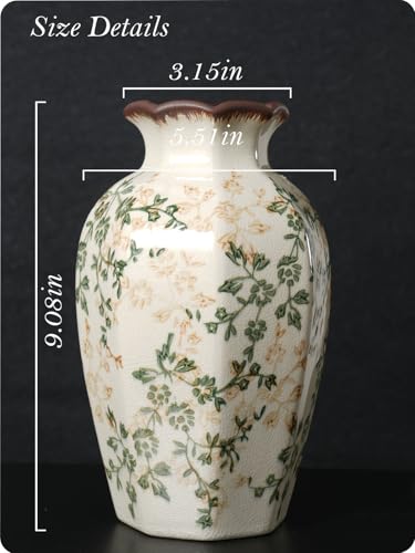 Vintage Ceramic Vase - 9 Inch Hand-Painted Flowers with Ice Crackle Glaze Finish, American Farmhouse Style Pitcher Vase for Home Decor, Centerpiece, Shelf, Table, Office - color: Beige and Green-003