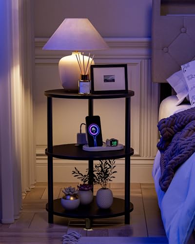Small Round Side Table - 3-Tier Oval Accent Table for Small Spaces, Rustic Wood and Metal Nightstand for Living Room or Bedroom, Built-in USB Ports and Power Outlet, Charcoal Wenge - color: Charcoal Wenge, size: 1-Pack, style: Includes Power Outlets