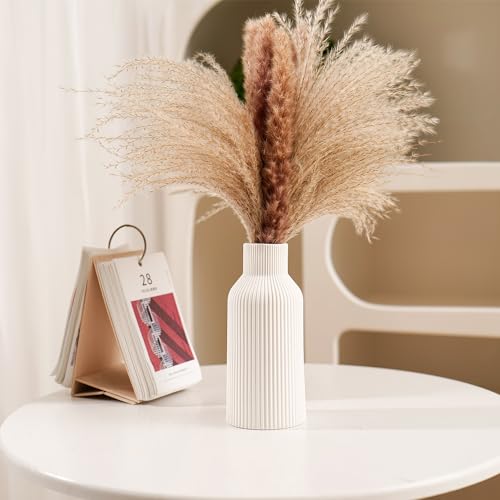 Bohemian White Ceramic Vase - for Pampas Grass, Mantel, Bookshelf, Entryway and Living Room Decor (White, 7in) - color: White, size: 7in