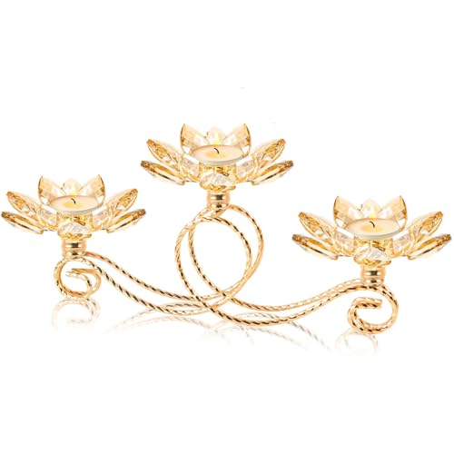 2Pcs Gold Crystal Metal Tea Light Candle Holder Set, 3-Arm Flower Shaped Crystal Votive Candlestick Holders for Table Centerpiece, Wedding Shower, Party and Home Decor - color: Gold, size: 3 arm
