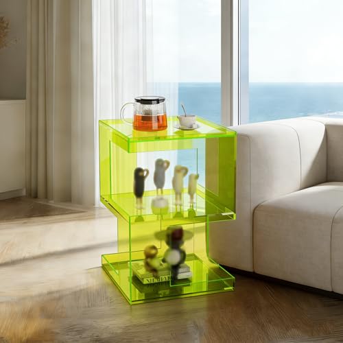 Acrylic End Table with 3 Tiers Storage, Modern Transparent Side Table and Multifunctional Accent Table, Small Nightstand or End Tables for Living Room, Bedroom, Office Decor, Fluorescent Green - color: Fluorescent Green