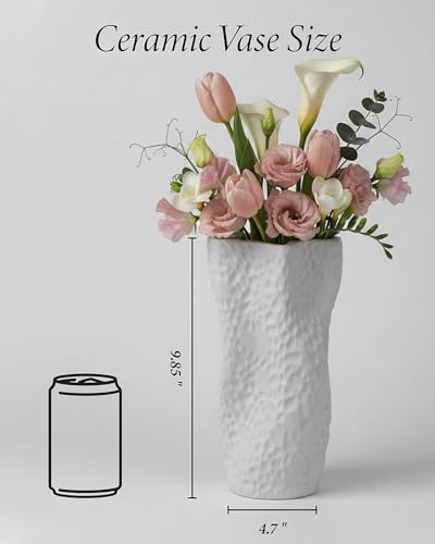 White Matte Ceramic Vase, 9.9 Inch Organic Nature Trunk Shape, OOSTONEE Modern Wabi Sabi Unique Flower Vase for Home, Living Room, Bedroom, Dining Table, Centerpiece Decor - color: White