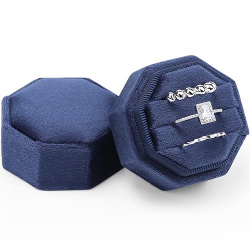 WantGor Velvet Ring Box, 3 Slots Jewelry Ring Gift Box Vintage Ring Display Holder Case for Wedding Ceremony Proposal Engagement (Navy Blue) - color: Navy Blue