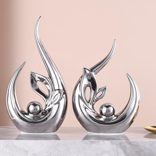 9.4" H Silver Abstract Sculptures Home Decor, Ceramic Art Statue Cool Stuff to Put on Shelves&tv Stand Decor, Silver Accent Entertainment Center, for Fireplace Coffee Table Dining Table Decorate - color: Bright Silver, size: 9.4in/H