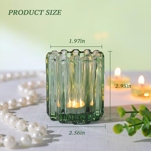 HAVITI Glass Green Votive Candle Holder, Ribbed Votive Candle Holders Set of 12, Tealight Candle Holder for Wedding Centerpieces Dinner Party Table Decor - color: Green