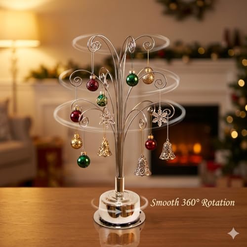HOHIYA 360° Rotating Ornament Display Stand 15 Hooks Tabletop Christmas Tree Ornament Holder Metal Hanging Display Rack for Crystal Glass Baubles Jewelry and Home Decor Chrome Silver - color: Chrome