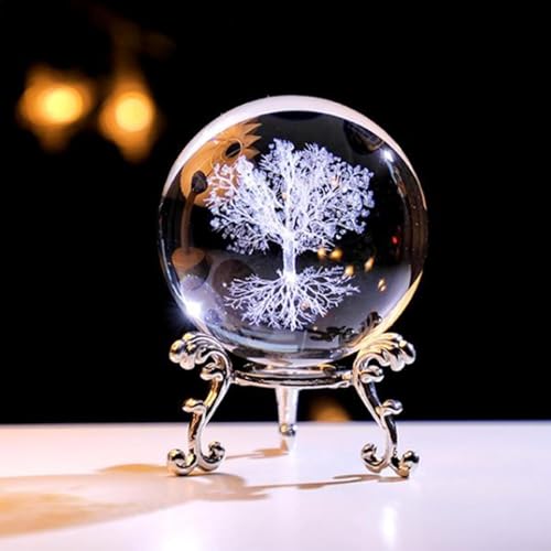 6cm Engraved Decor Sphere with Silver Metal Stand - Life Tree Tabletop Ornament
