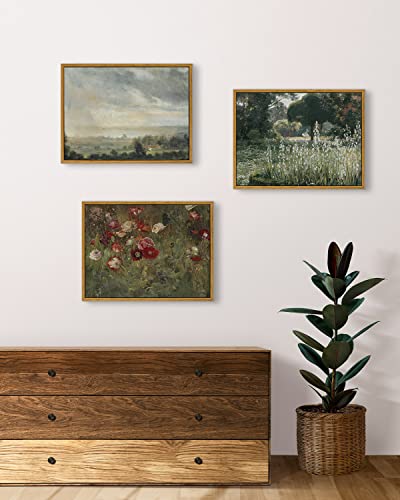 InSimSea Framed Canvas Wall Art Vintage Decor, FLoral Wall Art Decorations Classical Oil Painting Canvas Prints A Bed of Poppies Retro Home Decor Gifts, 12"x16" - color: A Bed of Poppies, size: 16"L x 12"W
