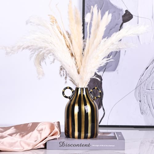 Ceramic Black and Gold Hand-Painted Striped Decorative Vase for Modern Bohemian Pampas Grass Decoration, Dining Table Centerpiece, Tabletop, Living Room, Home Decor Aesthetics (C) - color: Black Gold