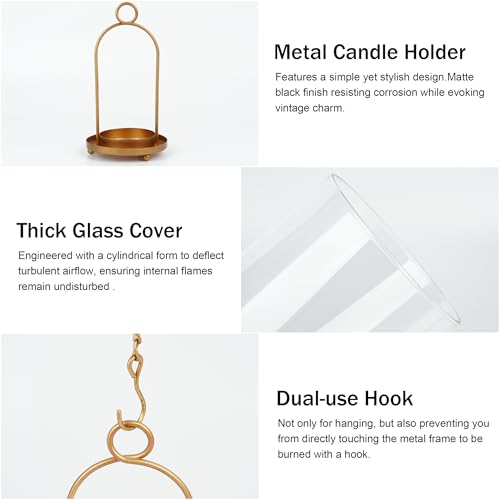 Glass Hurricane Candle Holder Decorative Gold Candle Lantern, Pillar Candlestick Holders Set of 2, Hanging Metal Holder Modern Table Centerpieces, Antique Brass - color: Gold