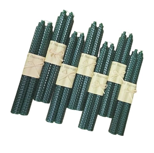 Set of 14 Dark Green Beeswax Taper Candles, Premium Quality Hand-Rolled 9 Inch Smokeless Dripless Uncented Long Candles for Wedding, Party, Home Décor, Holiday, Birthday - color: 7p-darkgreen