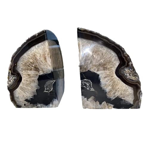 JIC Gem Geode Bookends Large Black Crystal Bookends Decorative Heavy Duty Agate Book Ends for Shelves 1 Pair 4 to 6 LBS with Rubber Bumpers - color: Black Dyed, size: 4-6LBS.