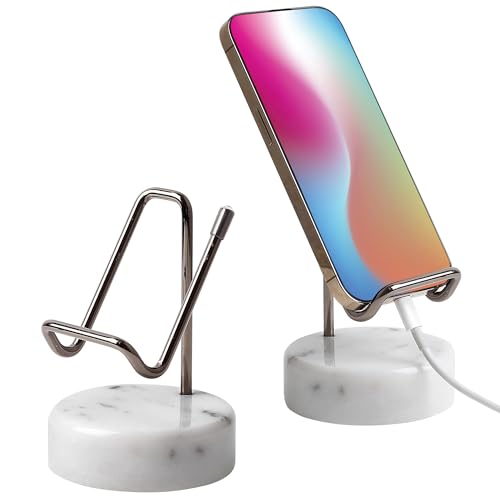 Marble Phone Stand with Metal Holder, Charging Available While Using, Swipe Up to Unlock, Made of Natural Marble as Business Card Holder for Office Desk (Starry White + Black) - color: Starry White + Black