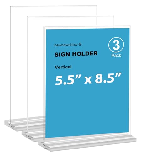 newnewshow Acrylic Sign Holder 5.5x8.5 Inch 3 Pack Vertical T Shape Double-Sided Desktop Display Holder. (Optional 8.5x11 8.5x5.5 5x7 Horizontal and Vertical) - size: 3 Pack 5.5*8.5