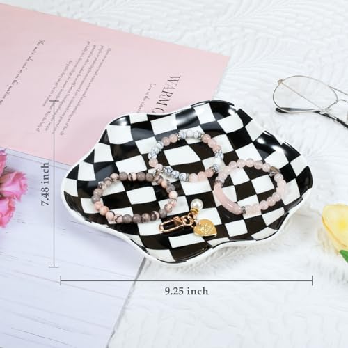 Koythin Jewelry Tray, Ceramic Jewelry Dish Trinket Tray Organizer, Checkered Pattern Aesthetic Decorative for Kitchen, Bathroom (Black and White Checkerboard) - color: Black and White Checkerboard
