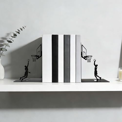 Basketball Bookends Decorative Metal Book Ends for Shelves, Matte Black Iron Basketball Player & Hoop Design, Unique Book Holders and Stoppers for Office Decor - color: Basketball