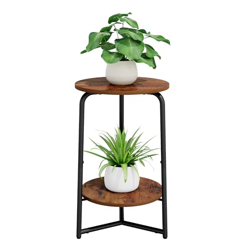YINMIT Plant Stand Indoor, 2 Tier Small Plant Stand, Metal Wood Plant Shelf Holder, Corner Flower Pot Stands for Balcony Garden Patio Living Room, Rustic Brown Flower Stand for Indoor Plants