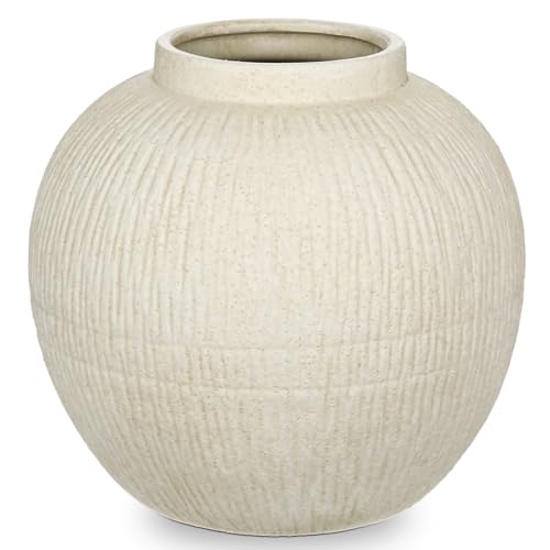 9" Large Rustic Vase with Linear Sculpture and Rich Sand Texture, Round Ceramic Vase with Wide Belly for Space Filling Decor, Retro Style & Beige White - color: 9" Cream White