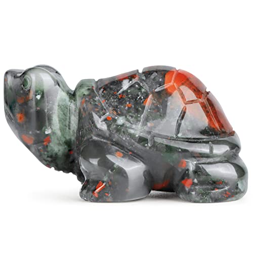 Crystal Turtle Figurines 2" Africa Blood Stone Healing Pocket Gemstone Sculpture Hand Carved Tortoise Statue for Home Office Decor, Paperweight