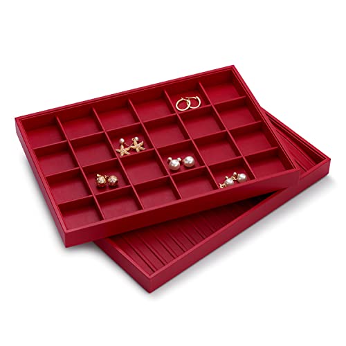 Oirlv Gorgeous Red Leather 24 Gird Jewelry Tray Stackable Jewelry Drawer Organizer Rings Earrings Organizer Storage - color: Red, size: 24 Grid Tray