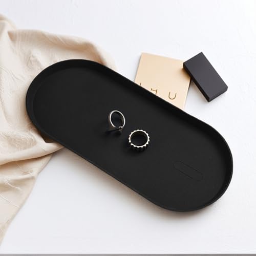 Black Silicone Vanity Tray, 8.66x3.94 Inch Oval Food-Grade Counter Organizer, Dishwasher Safe Scratch-Proof Storage Tray for Jewelry Makeup Bathroom Desk - color: Black