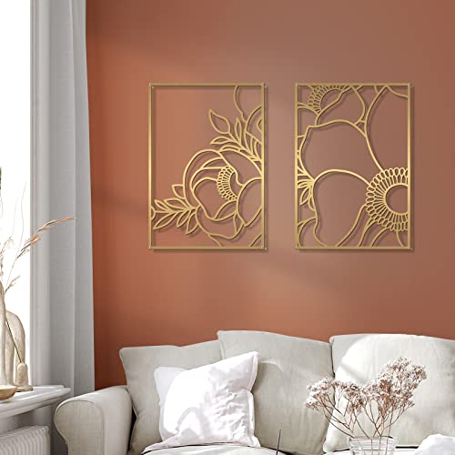 Glamativity 4 Pack Gold Wall Art, Flower Minimalist Single Line Art, Real Metal Nature Floral Abstract Wall Decor for Kitchen Bedroom Living Room - color: Gold Blossom Style, size: M Size 17 x 11.8''