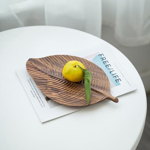 Acacia Wood Leaf Design Serving Tray - Decorative Wooden Platter for Charcuterie, Cheese, Fruit, Kitchen Table Decor
