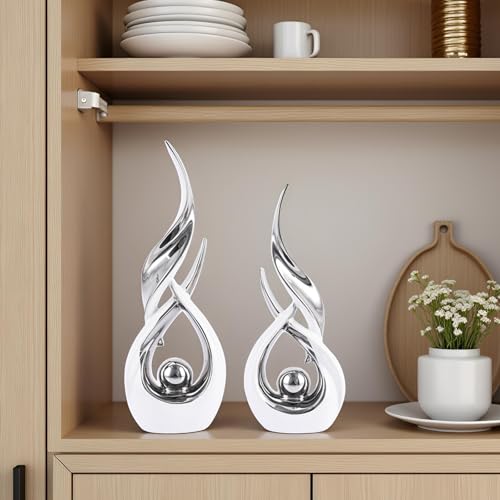 Gold Ceramic Abstract 2 Piece Statue Set,Mid Century Modern Abstract Art Home Decor Statue Mantelpiece on Unique Shelf Decor, TV Cabinet Divider Table top and Dining Table Centerpiece (White Silver) - color: White Silver