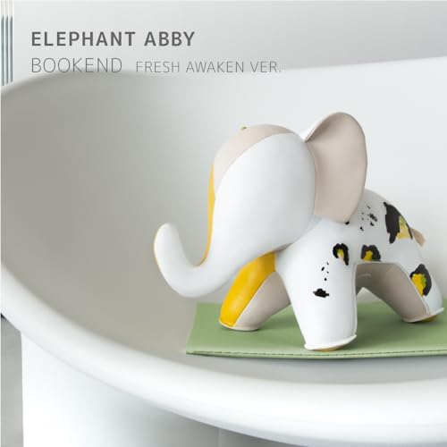 Bookend Elephant Abby Fresh Awaken, Leather Bookends for Shelves, Handmade Animal Home Decor, Zuny Series, White+Yellow Leopard+Ochre Yellow - color: Elephant Abby Yellow