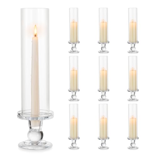 Hurricane Glass Taper Candle Holder: 10pc Tall Hurricane Candle Holders for Home, Clear Tapered Candlestick Holders with Open Ended Glass Sleeve Candle Stick Holders for Table Centerpieces - size: S - 10 Pcs