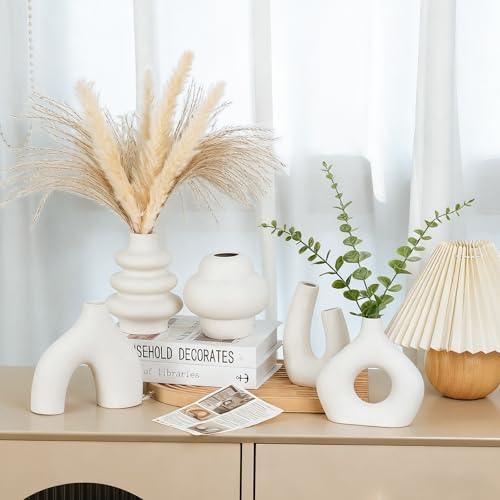 CUCUMI Ceramic Flower Vase Set of 5 Modern Nordic Boho Style Decorative Vases Home Decor, Matte Ceramic Decorations for Living Room Shelf, Bookshelf Mantle Entryway Table or Console Décor - color: 5 Pack-warm White
