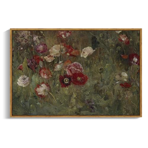 InSimSea Framed Canvas Wall Art Vintage Decor, Flowers Canvas Wall Art Modern Farmhouse Decor, Botanical Wall Art Painting for Office, Bedroom Bathroom Office home Decor, 24"x36" - color: A Bed of Poppies, size: 36"L x 24"W