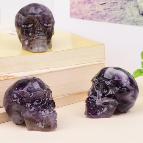 2 Inch Dream Amethyst Crystal Skulls Decor,Human Skull Sculpture Statues Healing Crystal Decor,Halloween Skull Figurines,Home Office Decoration Christmas Meditation Gifts for Men Women - color: Dream Amethyst