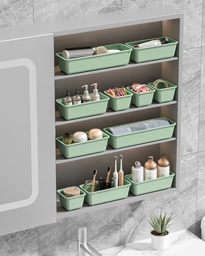 Canfanni 13 Pack Plastic Drawer Organizers Set, 3 Sizes Desk Drawer Organizer Trays for Vanity and Makeup Organizer, Organization and Storage for Makeup, Kitchen Utensils, Bathroom and Office(Green) - color: Green