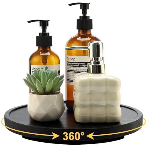 Black Wooden Bathroom Tray Round Perfume Dresser Trays for Vanity Small Wood Lazy Susan Turntable for Table Decorative Kitchen Sink Soap Holder Rotating Bathroom Countertop Decor Organizer Accessories - size: 10"