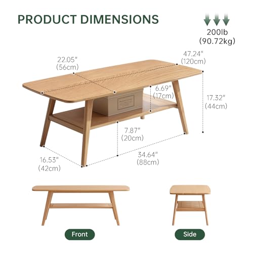 100% Solid Oak Wood Coffee Table for Living Room, 2-Tier Coffee Tables with Shelf Storage, Mid Century Modern Table with Rounded Corners (Natural Colour, 47.24" W x22.05 D x 17.32" H) - color: Natural Colour, size: 47.24"W x22.05" D x 17.32" H